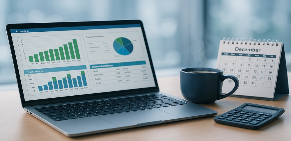 Laptop con gráficas contables y calendario de diciembre, ideal para cierre fiscal