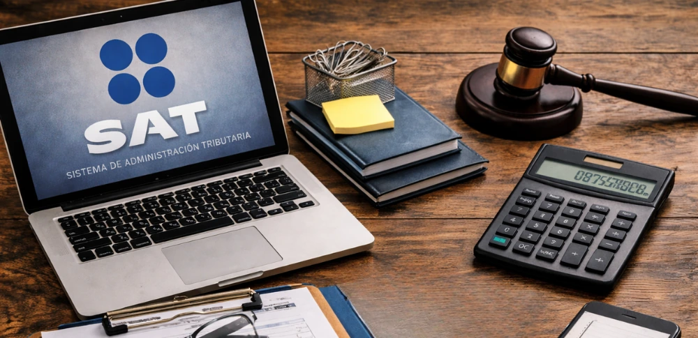 Laptop con el logo del SAT junto a calculadora, libros y mazo judicial sobre escritorio