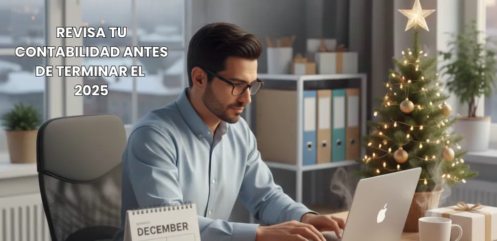 Contador revisando su contabilidad en diciembre antes del cierre fiscal 2025, con decoración navideña